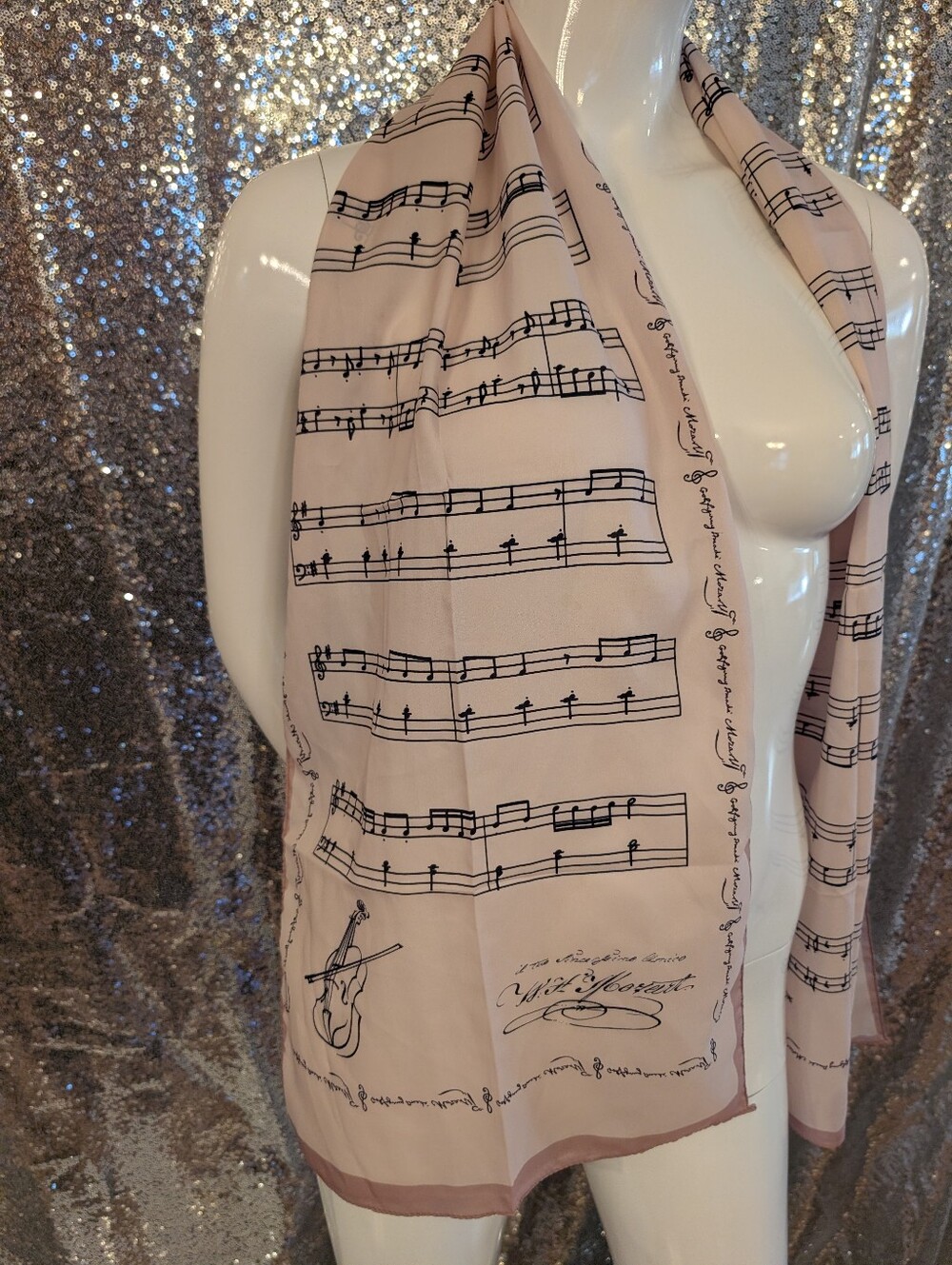 Vienna Austria Mozart Sheet Music & Violin Long Scarf – Pink & Black Music Print